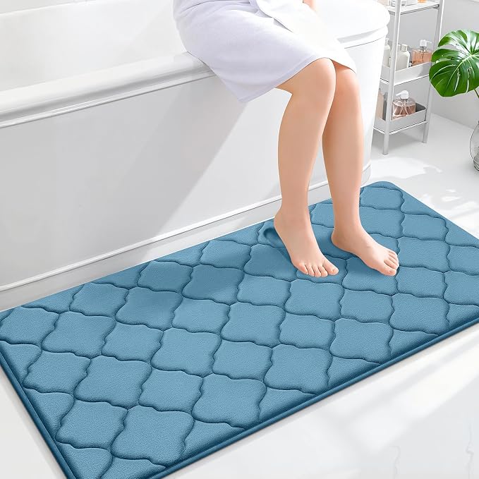 OLANLY Memory Foam Bath Mat Rug 47x24, Ultra Soft and Absorbent Bathroom Rugs, Non-Slip, Comfortable, Machine Washable Bath Carpet for Bathroom Floor, Tub, Shower and Home Decor Accessories, Blue