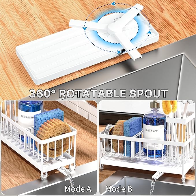 Cisily Sponge Holder for Kitchen Sink, Sink Caddy Organizer with High Brush Holder, Kitchen Countertop Organizers and Storage Essentials, Rustproof 304 Stainless Steel (Cool White, Large)