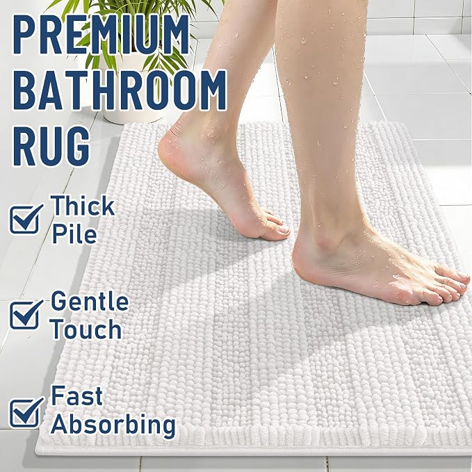 Grandaily Chenille Striped Bathroom Rugs 30x20, Extra Thick and Absorbent Bath Mats, Non-Slip Soft Plush Shaggy Shower Carpet, Machine Wash Dry, Bath Rug for Bathroom, (Medium, Cream)