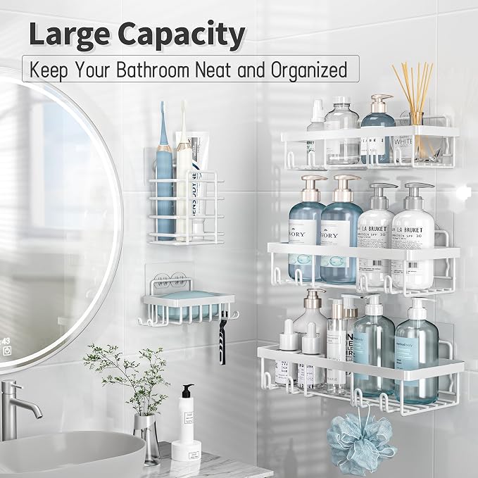 Liuoud 10 Pack Shower Caddy Organizer Rack Shelf for Inside Shower, Self Adhesive Wall Storage Basket Rustproof Stainless Steel Shampoo Holder Bathroom Accessory Decor Set, White
