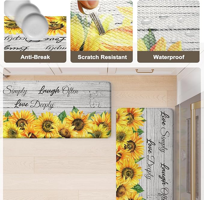KIMODE Anti Fatigue Kitchen Mat, Farmhouse Sunflower Kitchen Rugs Sets of 2, Kitchen Floor Mats Non-Slip Cushioned, Comfort Kitchen Mats for Floor Sink, Laundry, Desk White 17"x47"+17"x29"
