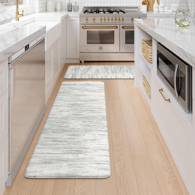 KIMODE Anti Fatigue Kitchen Mats for Floor, Farmhouse Kitchen Rugs Sets of 2, Cushioned Kitchen Floor Mats, Comfort Standing Mat for Sink Laundry Office Desk 20"x47"+20"x32" Grey