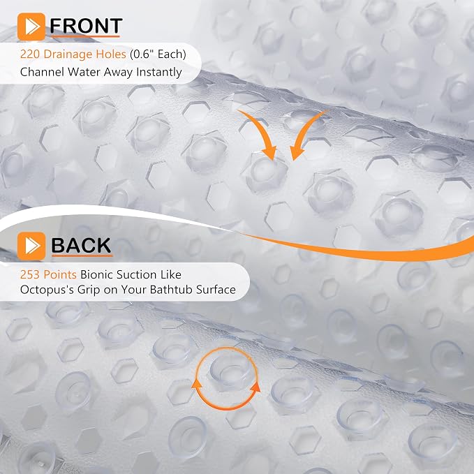 Yimobra Bath Tub Mat Non Slip, 34.5"X15.5" Long Shower Mat, Machine Washable Bathmat with Drain Holes and Suction Cups, Soft on Feet, Bathroom Essentials, Clear