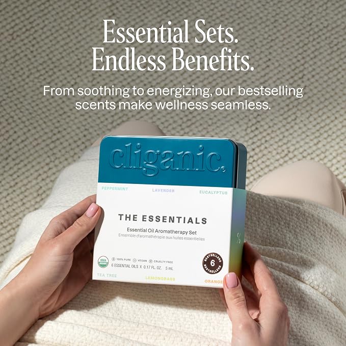 Cliganic Organic Aromatherapy Essential Oils Set (Top 6 - The Essentials), 100% Pure Natural - Peppermint, Lavender, Eucalyptus, Tea Tree, Lemongrass & Orange (Packaging May Vary)