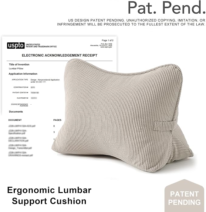 Pat. Pend. Corduroy Lumbar Support Back Pillow for Watching TV, Reading & Gaming, Ergonomic Triangle Support Cushion for Sofa, Armchair & Bed Sitting, Removable Washable Cover, Beige Gray