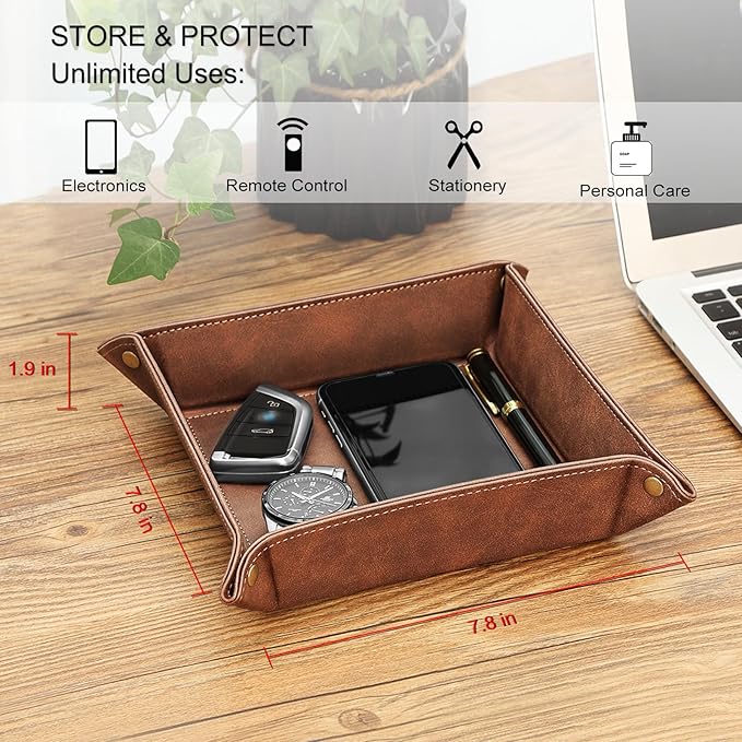 SITHON Valet Tray Desktop Storage Organizer – Premium PU Leather Catchall Bedside Vanity Tray Nightstand Caddy Holder for Keys, Phone, Wallet, Coin, Valentine's Day Gift, Brown