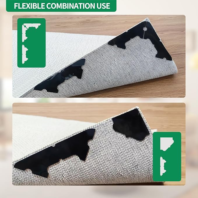 32 PCS Carpet Tape, Non Slip Rug Corner Pads for Hardwood Tile, No Residue | Reusable Removable Double Sided Adhesive,Secures Area Rug Corners,Fits Laminate LVP Floors,Rug Stickers,No Floor Damage