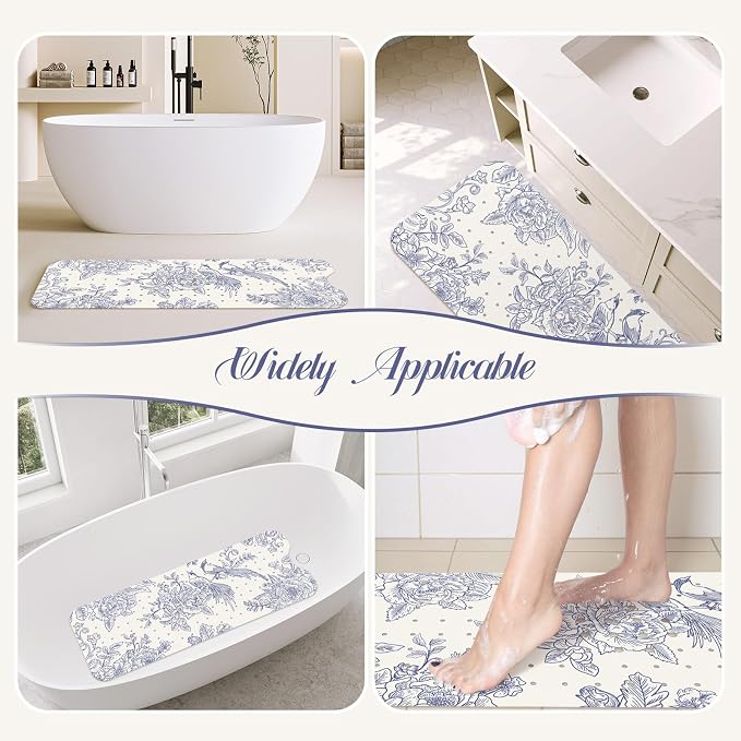 SHUCHING Vintage Blue Bath Mat for Tub Non Slip-40 X 16Inch, Flower and Bird Bathtub Mat Anti Slip for Women, Long Shower Mat for Bathroom Mold Free, Machine Washable