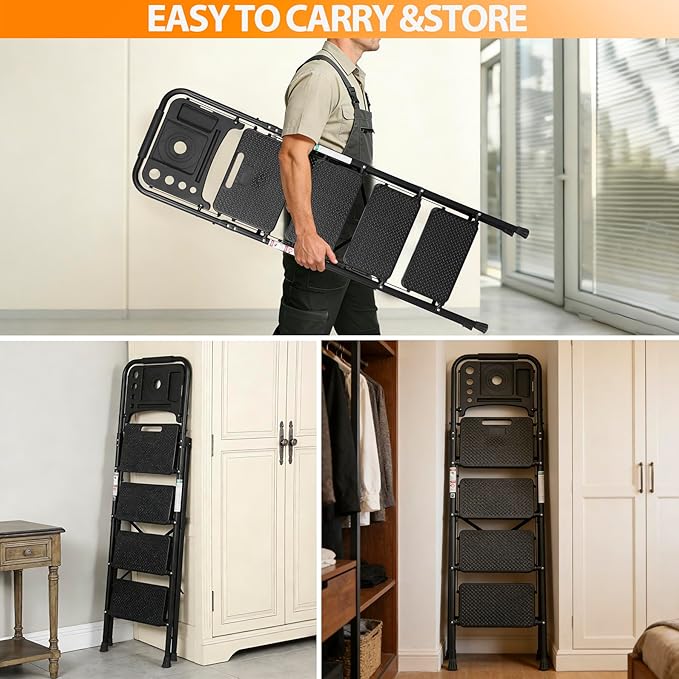 ZENY 4 Step Ladder, Folding Step Stool for Adults, Portable Steel Ladder with Tool Platform, Wide Anti-Slip Pedal, Safety Locking, Lightweight (Black)