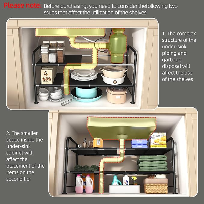 NETEL Under Sink Organizers and Storage,2 Tier Shelf Under Bathroom Sink,Cabinet Organizer with 8 Removable Carbon Steel Panels，Partition Height Adjustable,(27.36-36.02)" W x 12.28" D x 16.93" H