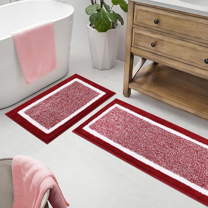 Pauwer Bathroom Rugs Sets 2 Piece, Non Slip Bath Mats, Absorbent Bath Rugs Floor Mat, Machine Washable Shower Rugs for Bathroom Floor, Tub and Shower, Red