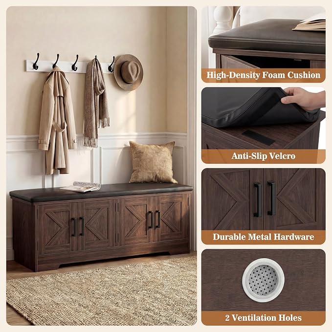 Farmhouse Shoe Storage Bench with Cushion - 43.3" Entryway Bench with Storage & 4 Barn Doors, 2-Tier Wooden Shoe Rack Bench, Shoe Cabinet & Mudroom Bench for Bedroom Hallway Living Room, Black Walnut