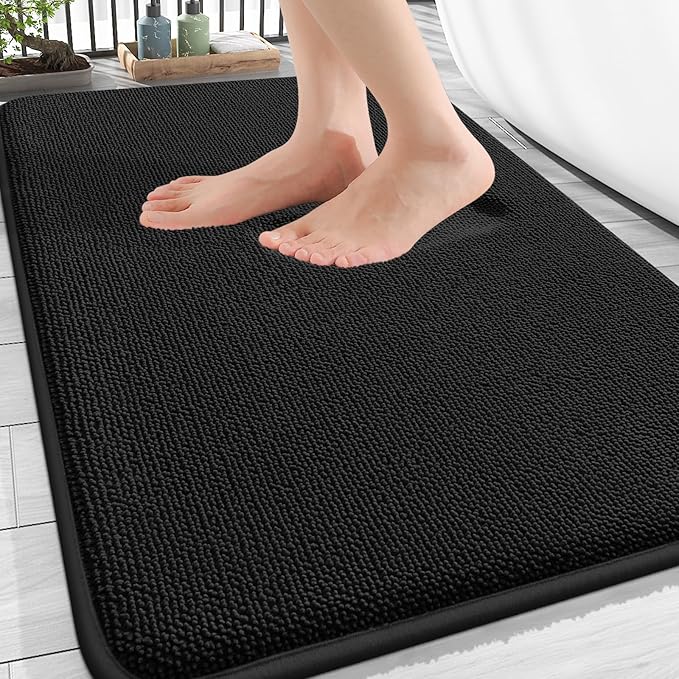 OLANLY Thick Memory Foam Bath Mat Rug 32x20, Extra Soft Absorbent Bathroom Rug, Quick Dry Bath Mats, Non-Slip, Machine Washable Carpet for Bathroom, Tub and Shower, Home Decor Accessories, Black