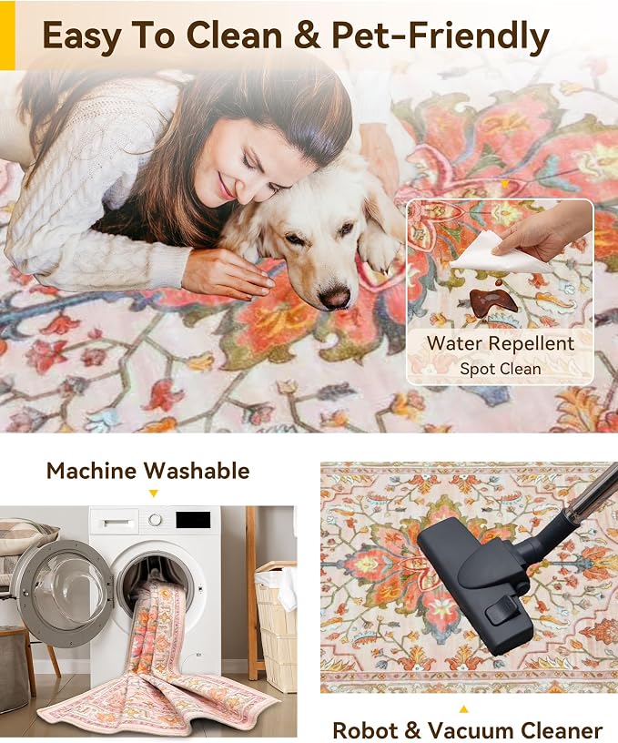 RELEANY Area Rugs 5'x8' Washable Non-Slip, Floral Vintage Distress Medallion Carpet for Living Room Bedroom Dining Room, Light Pink Colorful