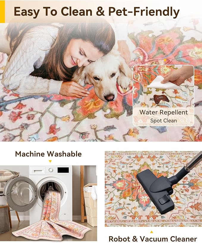 RELEANY Area Rugs Runner 2'x6' Washable Non-Slip, Floral Vintage Distress Medallion Carpet for Kitchen Hallway Bedroom Beside Laundry Room Bathroom, Light Pink Colorful