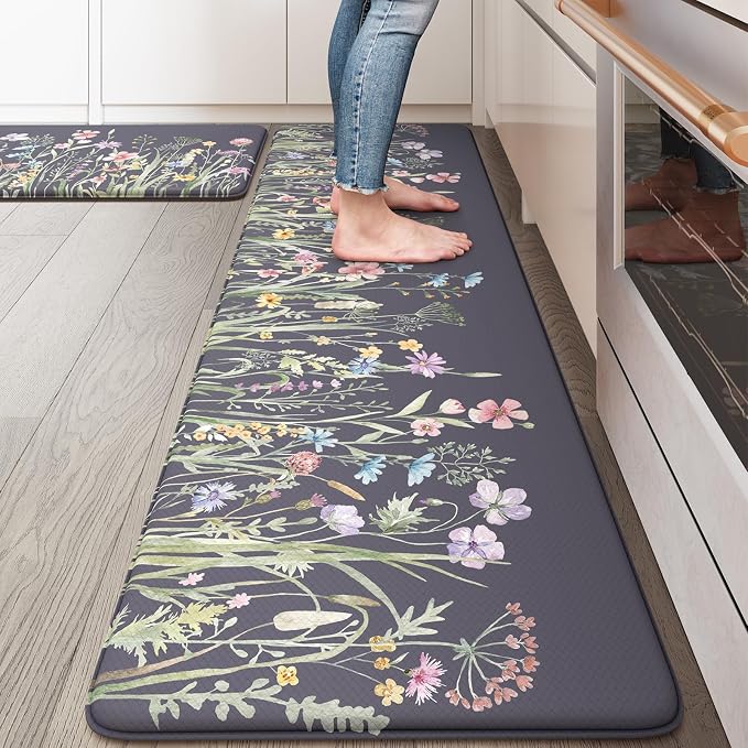 KIMODE Anti Fatigue Kitchen Mat for Floor, 17"x59"+17"x29" Floral Kitchen Rugs Sets of 2, Kitchen Floor Mats Non-Slip, Cushioned Standing Desk mat for Sink, Laundry, Office Dark Grey/Purple