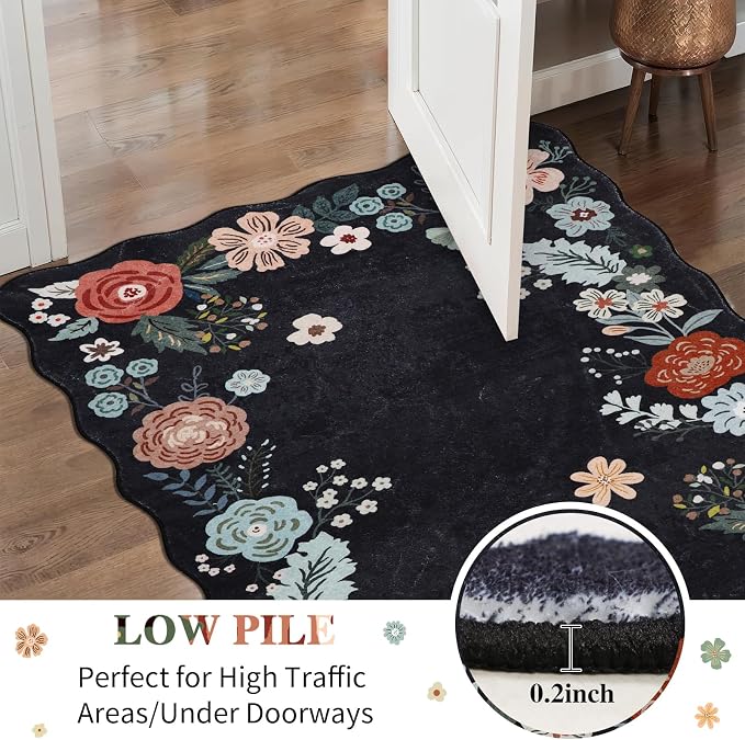 Kitchen Runner Rug, 3x6 Boho Floral Runners for Hallways with Non Slip Backing, Soft and Cozy Runner Carpet for Living Room, Entryway, Bedroom, Bathroom, Black