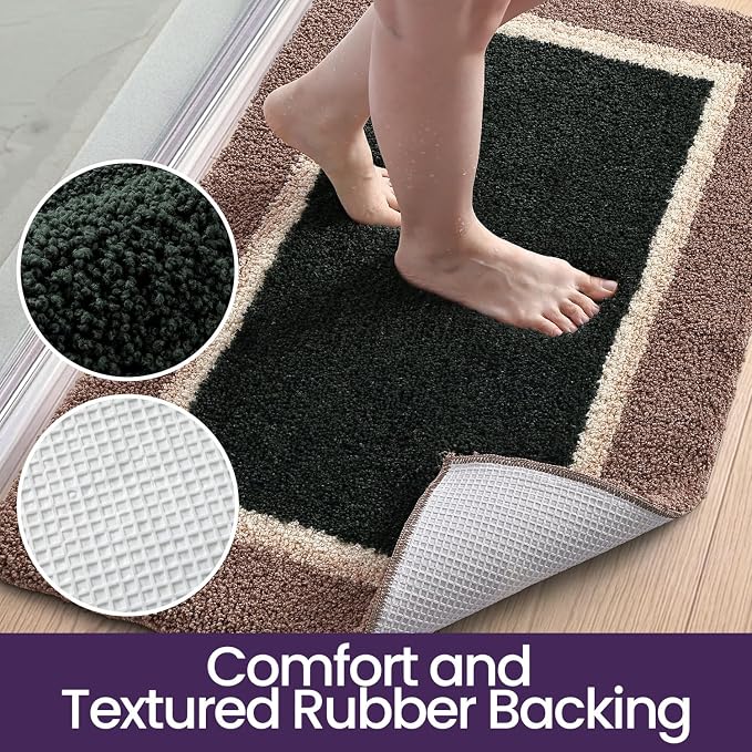 DEXI Bathroom Rugs 32x20, Absorbent Extra Soft Plush Microfiber Bath Mat for Bathroom, Non Slip Washable Bathmat Quick Dry for Shower Floor, Sink, Tub, Laundry Room, Brown and Green