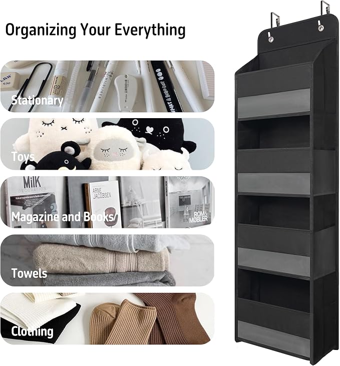 TYMENSH Black Over Door Organizer with 4 Large Clear Pockets, Compact Black Hanging Door Storage for Closet, Bathroom, Bedroom, Dorm, Nursery, Toys, Cosmetics, Baby Essentials