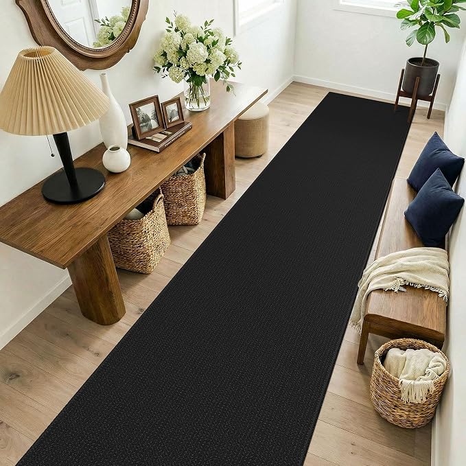 KOZYFLY Black 2.5'x14' Runners Rugs for Hallway, Long Washable Runner Rug, Woven Non Slip Kitchen Runner, Flatweave Entryway Rug, Floor Carpet for Entry, Aisle, Hall, Black/Dark Grey