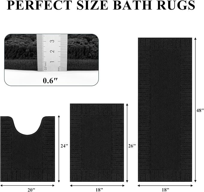 Pauwer Bathroom Rugs Sets 3 Piece Bathroom Shower Rugs with U-Shaped Contour Toilet Mat Absorbent Microfiber Plush Bath Mats Non Slip Bath Rugs Machine Washable Shaggy Bath Mat Set, Black