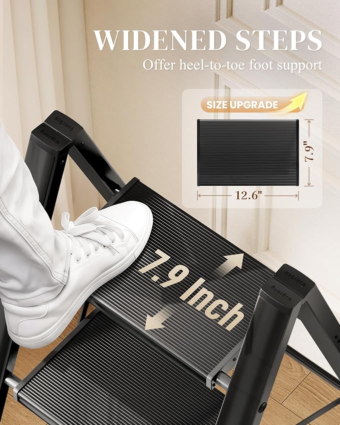 2 Step Ladder, Folding Step Stool with Wider Pedal, Anti-Slip Feet & Non Slip Stripes, Aluminum Sturdy Material, 300Lbs Capacity, Elegant Look of Piano Black Better Matches Your Home