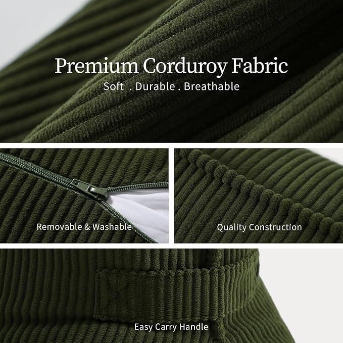 Pat. Pend. Corduroy Ergonomic Lumbar Support Pillow for Sitting Support, Triangle Back Cushion for Sofa, Armchair & Bed, Washable Cover, Avocado Green
