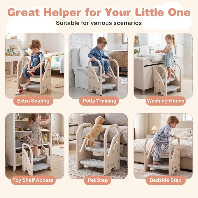 Costzon Toddler Step Stool for Bathroom Sink, Adjustable 2-Step Kids Helper Stool with Safety Handles & Non-Slip Pads, Convertible Plastic Ladder for Bedroom Kitchen Counter Potty Training, Grey