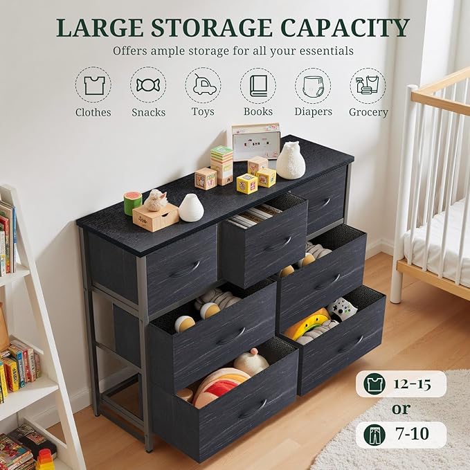 7-Drawer Dresser for Bedroom, Anti-Tip Wide Storage Organizer Fabric Chest of Drawers TV Stand for 45" TV with Wooden Top and Metal Frame for Closet, Living Room, Hallway, Entryway, Charcoal Black