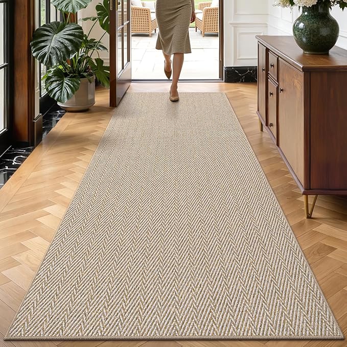 LUMI Ultra Thin Runner Rug for Hallway 2'x8', Non-Slip Entryway Rug with Rubber Backing, Unique Herringbone Design for Hallway, Entry, Kitchen, Patio, Beige