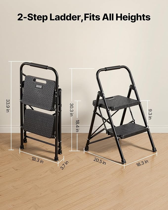 VEVOR 2 Step Ladder, Folding Step Stool with Wide Anti-Slip Pedal and Comfort Handgrip, Lightweight 600 lbs Capacity Portable Steel Ladder, Multi-Use for Kitchen, Home, Household and Office, Black