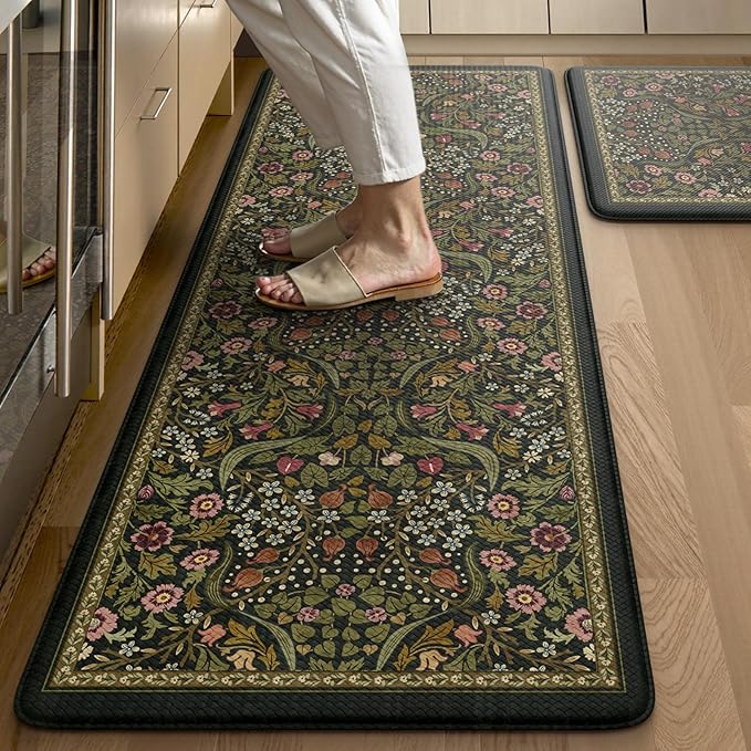 Collive Kitchen Mats for Floor 2PCS, Cushioned Anti Fatigue Rugs Non-Slip Waterproof Kitchen Sink Mat, Green Floral Standing Mat for Bar, Office, Desk, Home Decor