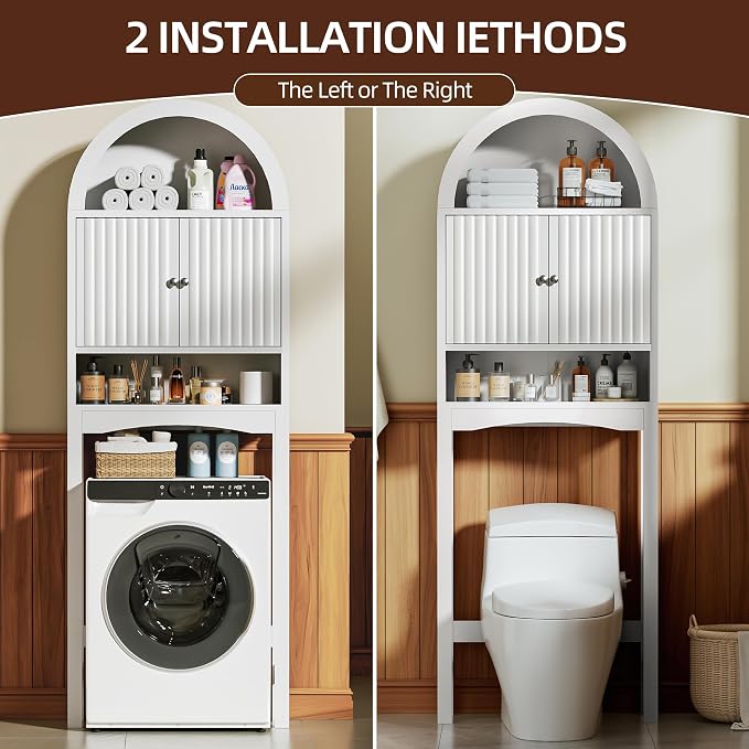 Spurgehom Over The Toilet Storage Cabinet, Bathroom Shelf Organizer Freestanding, Bathroom Arch Cabinet Over Toilet with Fluted Door and Anti-Tipping Device, White