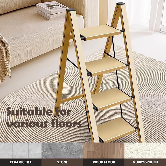 Taranta 4 Step Ladder,Aluminum Lightweight Folding 4 Step Stool with Anti-Slip Wide Pedal,330lbs Capacity Step Ladder for Household,Kitchen,Office - Gold