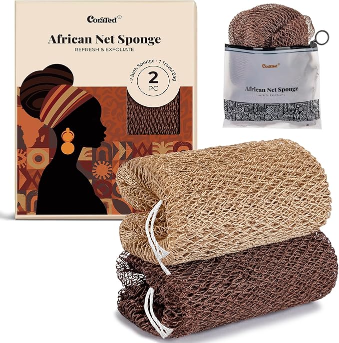 CORATED African Net Sponge Authentic, Shower Loofah Exfoliating Bath Sponge, Body Scrubber for Women and Men Daily Use Body Care, Travel Portable Bath Accessories Gifts for Women