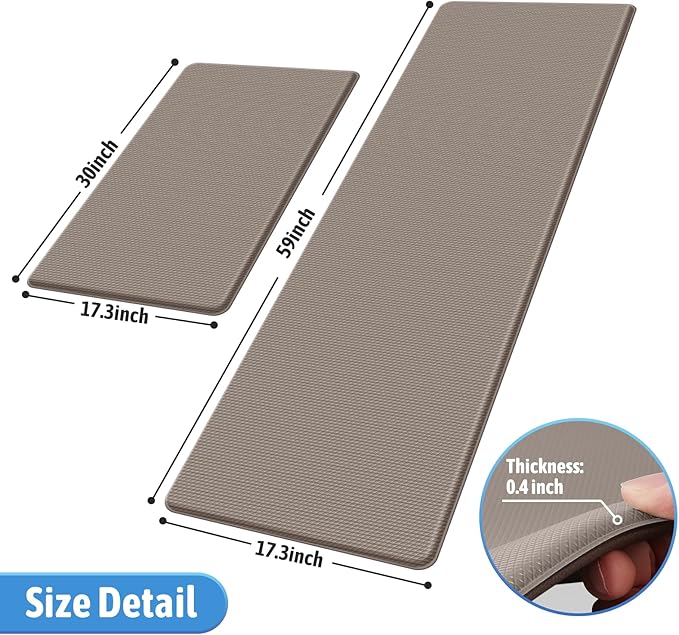 StepLively Kitchen Mat, 2 PCS Kitchen Rugs, Cushioned Kitchen Mats for Floor, Anti Fatigue Kitchen Rug Set, Non-Skid Standing Mat for Kitchen, Office, Sink, 17.3"x30"+17.3"x59", Khaki