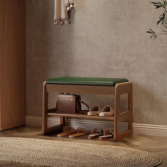 AQIMUELE Shoe Rack Bench,2 Tiers Shoe Bench with Storage with Flip-Top,Wood Shoe Rack for Entryway,Hallway（Green Upholstered Seat,11.8" D x 23.62" W x 15.7" H