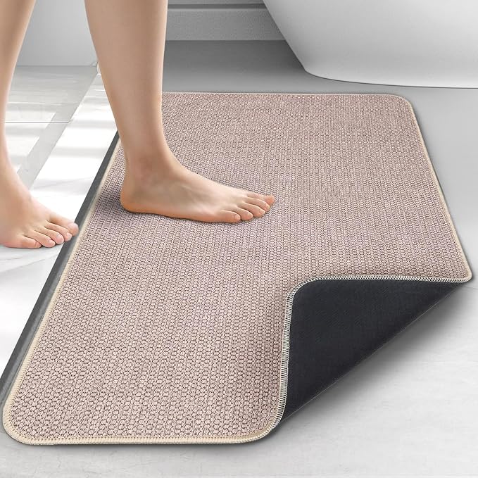 Upgraded Bath Mat 24x48Inch, Thin Bath Mats Rugs with Rubber Backing Non-Slip, Absorbent,Quick Dry Machine Washable, Home Decor Accessories Cozy Cloth Bathroom Rugs fit Under Door/Sink/Tub-Biege