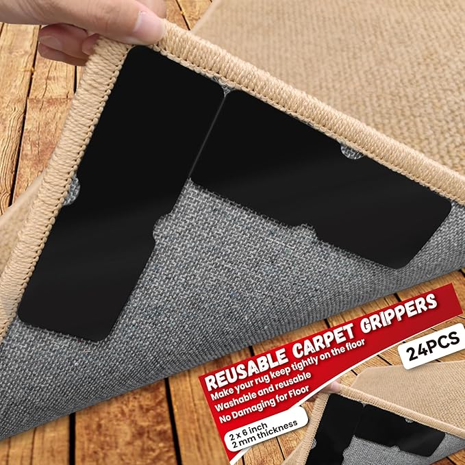 Rug Carpet Non Slip Grippers, Reusable Rug Tape, No Damaging for Hardwood Floors and Tiles, Carpet Grippers Stickers Pads for Area Rugs Corners Flat, 24Pcs