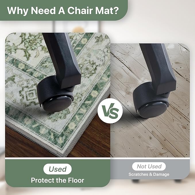 36"x60" Office Chair Mat for Hardwood Tile Floor, Under Desk Carpet Protector for Rolling Computer Chair Mat, Machine Washable Area Rug, Anti-Slip 1/5" Thick Low Pile Thin Vinyl Floor Mat, Green