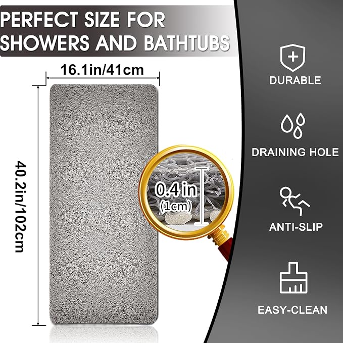 Shower Mat Non Slip 40.2 x16.1 Inch, Loofah Shower Mat Anti Slip Tub Mat Without Suction Cups, Shower Floor Mat for Wet Area, Quick Drying, Grey