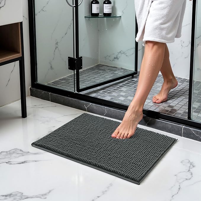 SUBRTEX Bathroom Rugs Chenille Bath Rug Soft Short Plush Bath Mat Soft Shower Mat Water Absorbent Shower Mat Quick Dry Machine Washable(Gray,18" x 24")