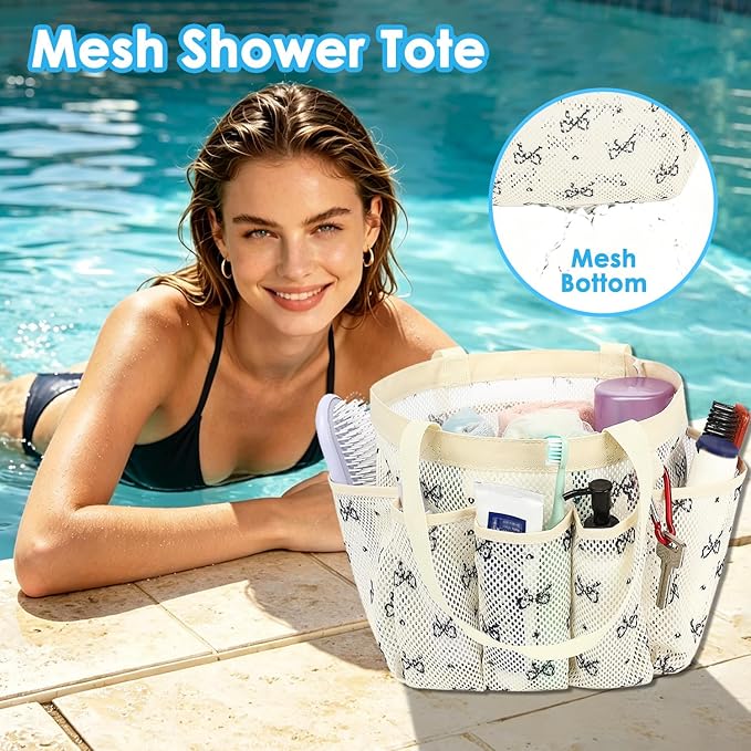 Fammart Mesh Shower Caddy Portable for College Dorm Room Essentials, Odorless Polyester Large Shower Tote Bag with Dual Handles, 8-Pocket Quick-Dry Toiletry Organizer for Travel, Beach, Camping, Gym