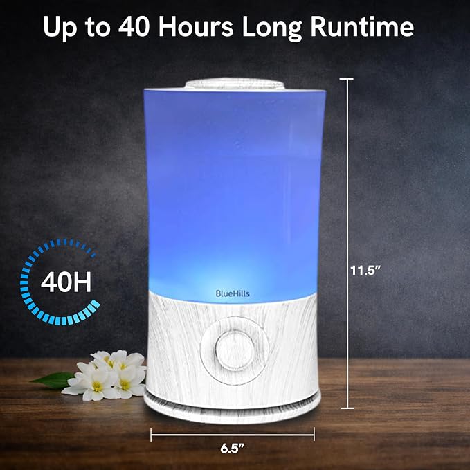 BlueHills Premium 2000 ML XL Large Essential Oil Diffuser Aromatherapy Humidifier for Large Room Home 40 Hour Run Huge Coverage Area Lights 2 Liter Extra Large Capacity Diffuser White Wood Grain E004