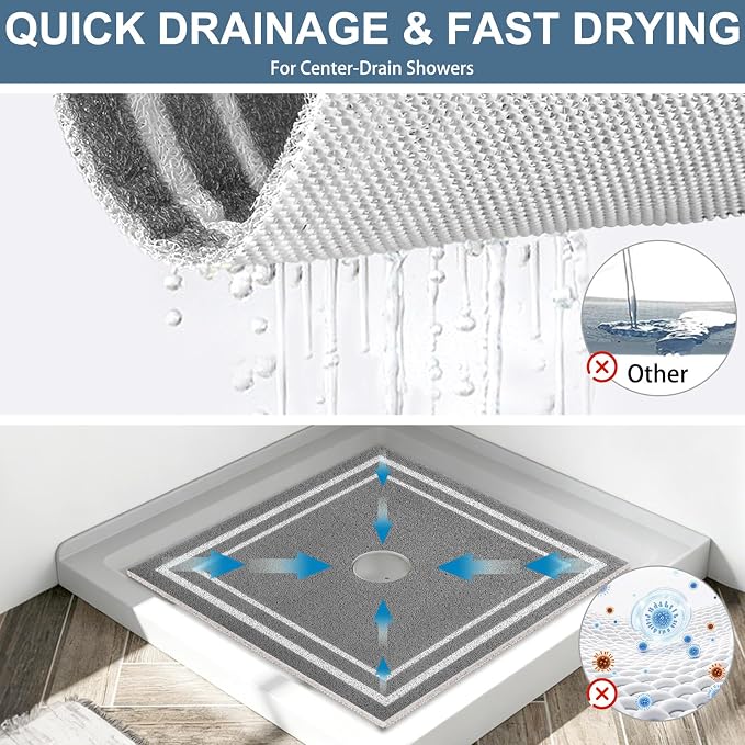 Square Shower Mat Non Slip: 27x27 Inch Extra Large Shower Mats for Inside Shower, Non Slip Shower Mat with Drain Hole in Middle- Anti Slip Shower Floor Mat, Loofah Shower Stall Mats for Elderly