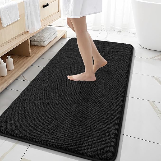 OLANLY Thick Memory Foam Bathroom Runner Rugs 47x20, Extra Soft Absorbent Long Bath Rug, Quick Dry Bath Mats, Non-Slip, Machine Washable Mat for Bathroom, Tub and Shower, Home Decor Accessories, Black