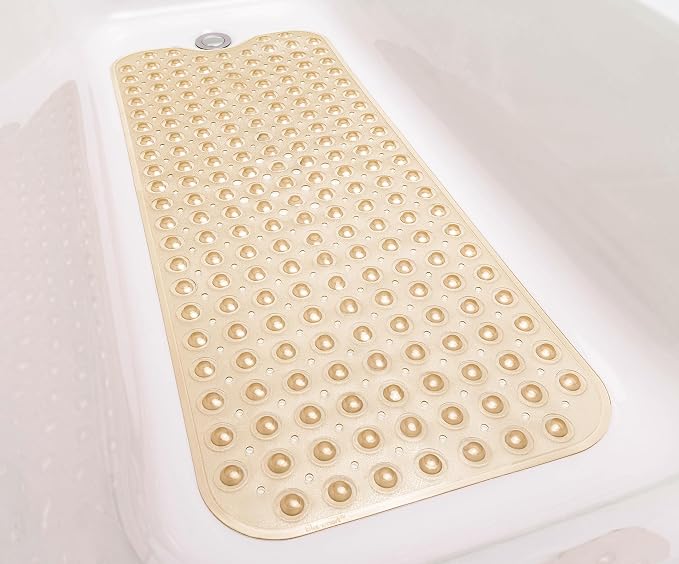Extra-Long Non-Slip Bathtub & Shower Mat 39”x16” (Smooth/Non-Textured Tubs Only) Safe, Clean, Machine-Washable, Superior Grip&Drainage, Vinyl, Transparent Light Brown