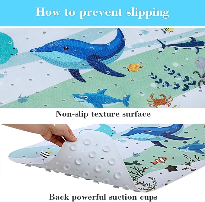 Secopad Bath Mat for Tub Non Slip, Machine Washable Anti-Slip Cartoon Baby Bathtub Shower Mat with Drain Holes and Suction Cups for Toddler & Kids (40 Inch x 16 Inch-Rectangular, Blue Dolphine)