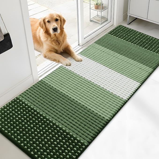 Kitinjoy Indoor Outdoor Door Mat, 71x24 Non-Slip Absorbent Dirt Trapper, Low-Profile Washable Inside Entrance Front Floor Mat, Sturdy Soft Entry Dotted Ombre Doormats for Entryway, Green