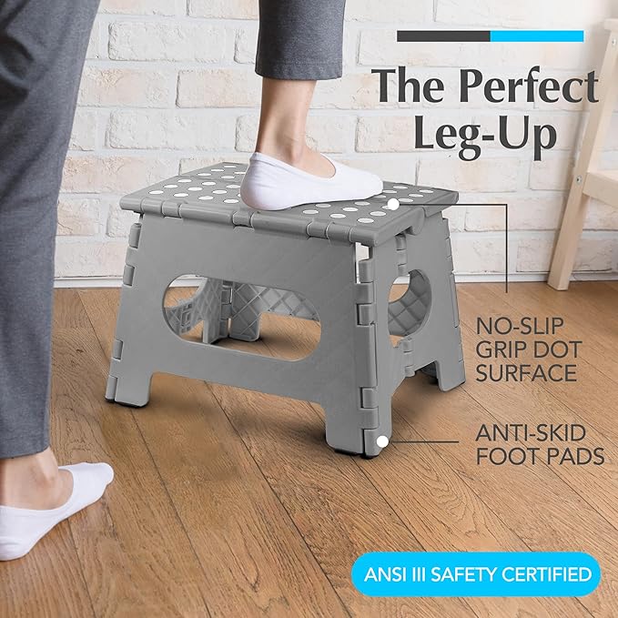 Handy Laundry Folding Lightweight Step Stool - Sturdy Enough to Support Adults - Opens Easy with One Flip - Great for Kitchen, Bathroom or Bedroom (Grey - 9 Inch)